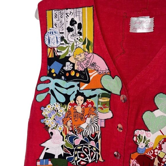 Judy Waltz Joy In Design Vintage Womens Vest Size XL Red Handmade Applique Linen - Picture 5 of 10